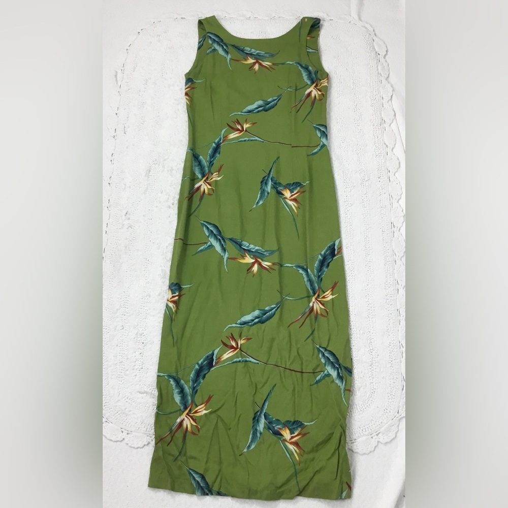 Silk Tommy Bahama Tropical Green Blue Botanic Print Maxi Pencil Dress size 8